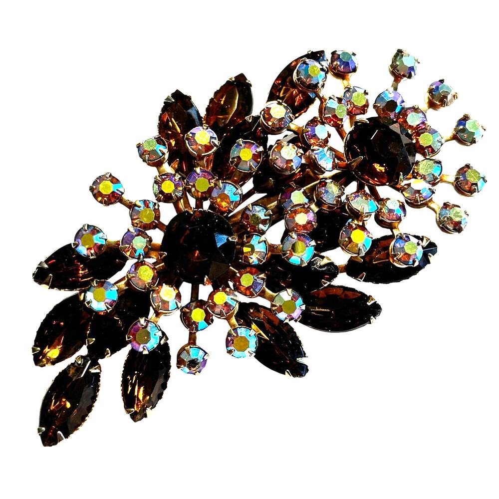 Brown amber rhinestones brooch clear white AB rounds vintage statement jewelry